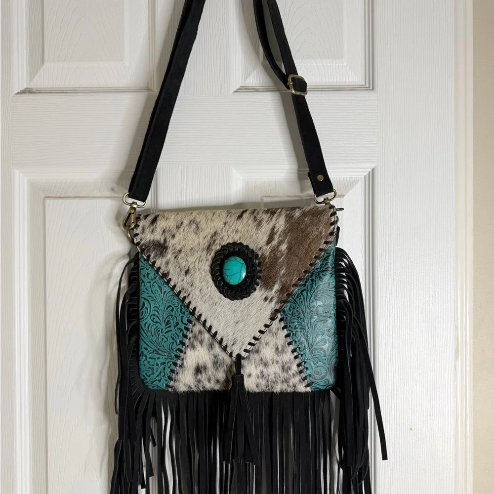 Turquoise Accent Cowhide Tooled Fringe Crossbody Bag - Picture 3 of 9